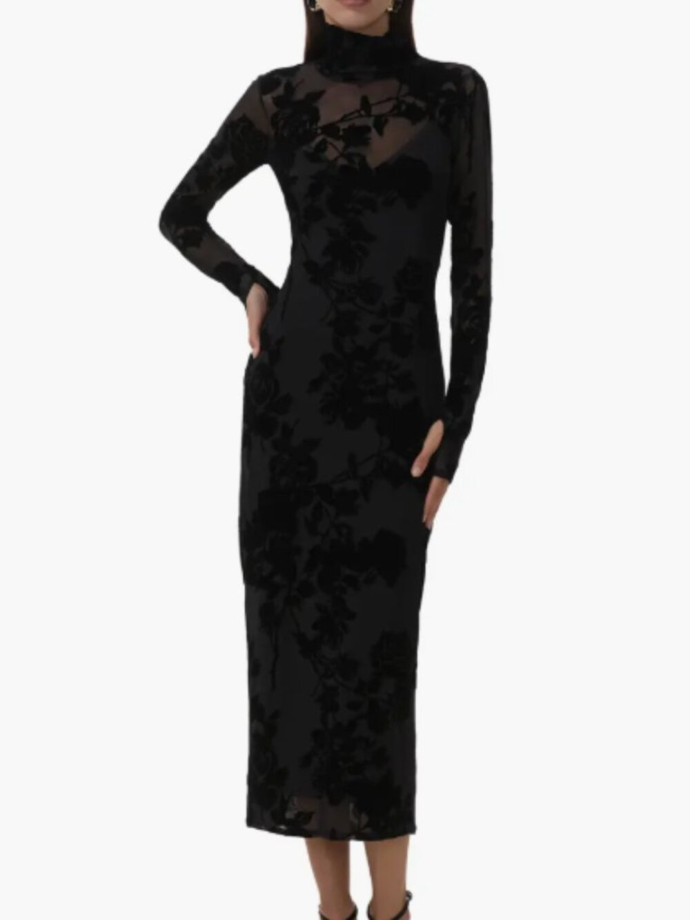 AFRM Shailene Flocked Mesh Midi Dress – Black – Small – Long Sleeve Bodycon